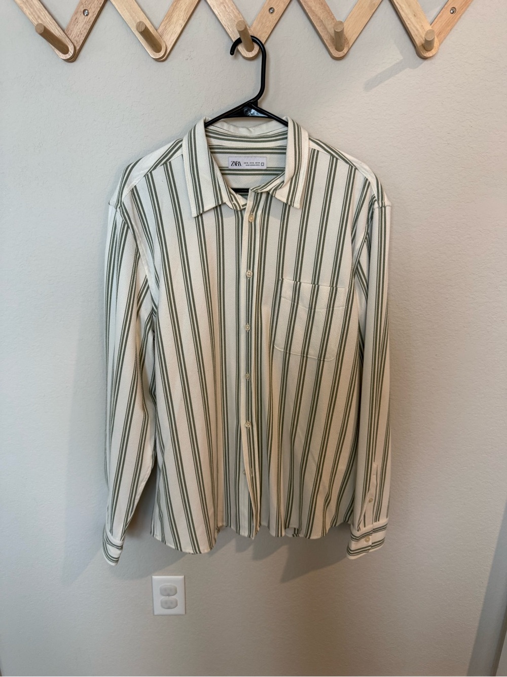 ZARA Cream Shirt with Olive Green Vertical Stripes